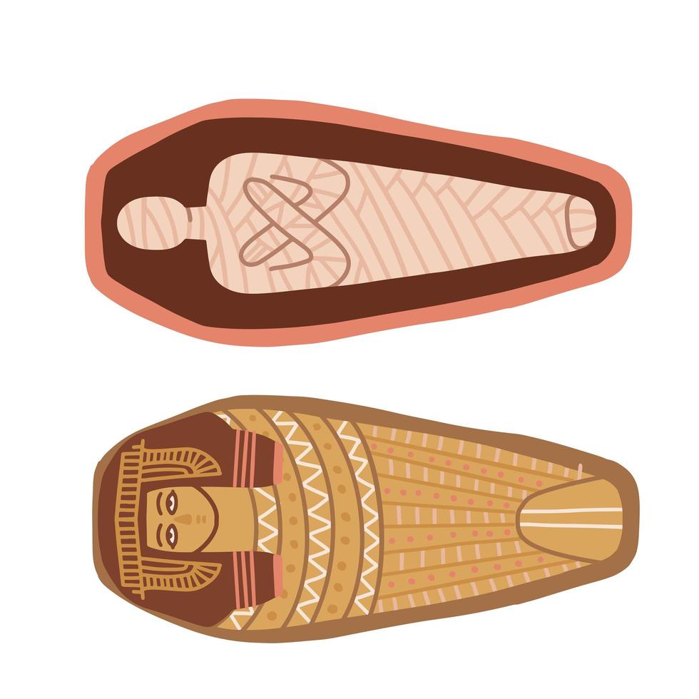 forntida egyptisk mumie i sarkofag. död kvinna kropp efter mumifiering, efterlivet symbol. två stycken öppnad sarkofag. gammal konst från Egypten. platt vektorillustration isolerad på vit bakgrund vektor