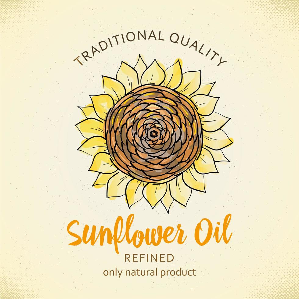 Etikettendesign-Vorlage für raffiniertes Sonnenblumenöl. vektorillustration mit handgezeichneten sonnenblumen auf papierhintergrund für sonnenblumenöl, sonnenblumenverpackung, naturkosmetik, gesundheitspflegeprodukte vektor