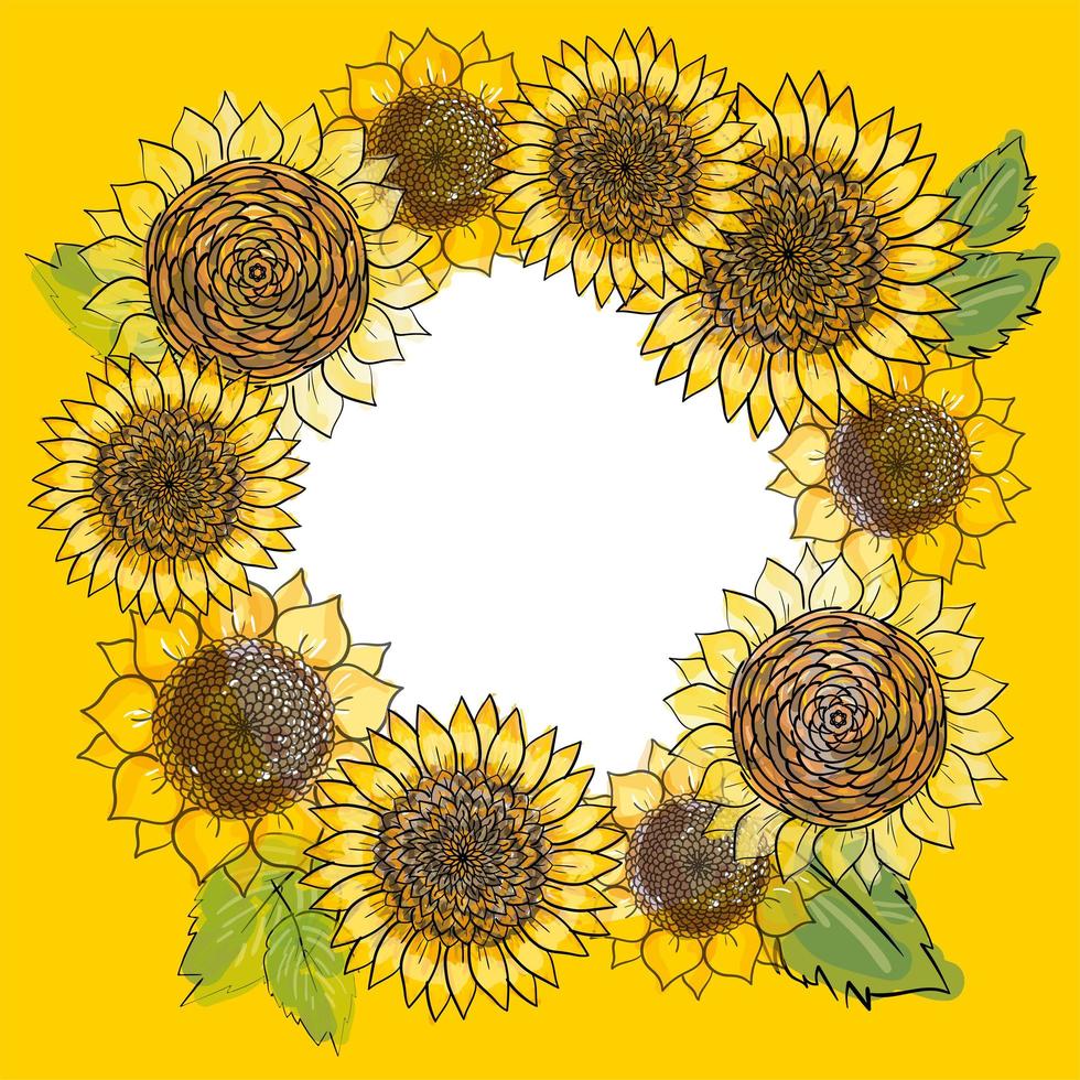 Kranz mit handgezeichneten Sonnenblumen runden Rahmen. rustikaler Blumenhintergrund. botanische vektorillustration im aquarellstil. landwirtschaft oder ernte, landwirtschaft oder veganes thema. vektor