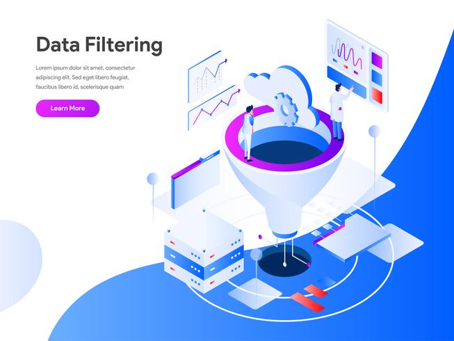 Datafiltrering Isometric Illustration Concept. Modernt plandesignkoncept av webbdesign för webbplats och mobilwebbplats. Vector illustration EPS 10