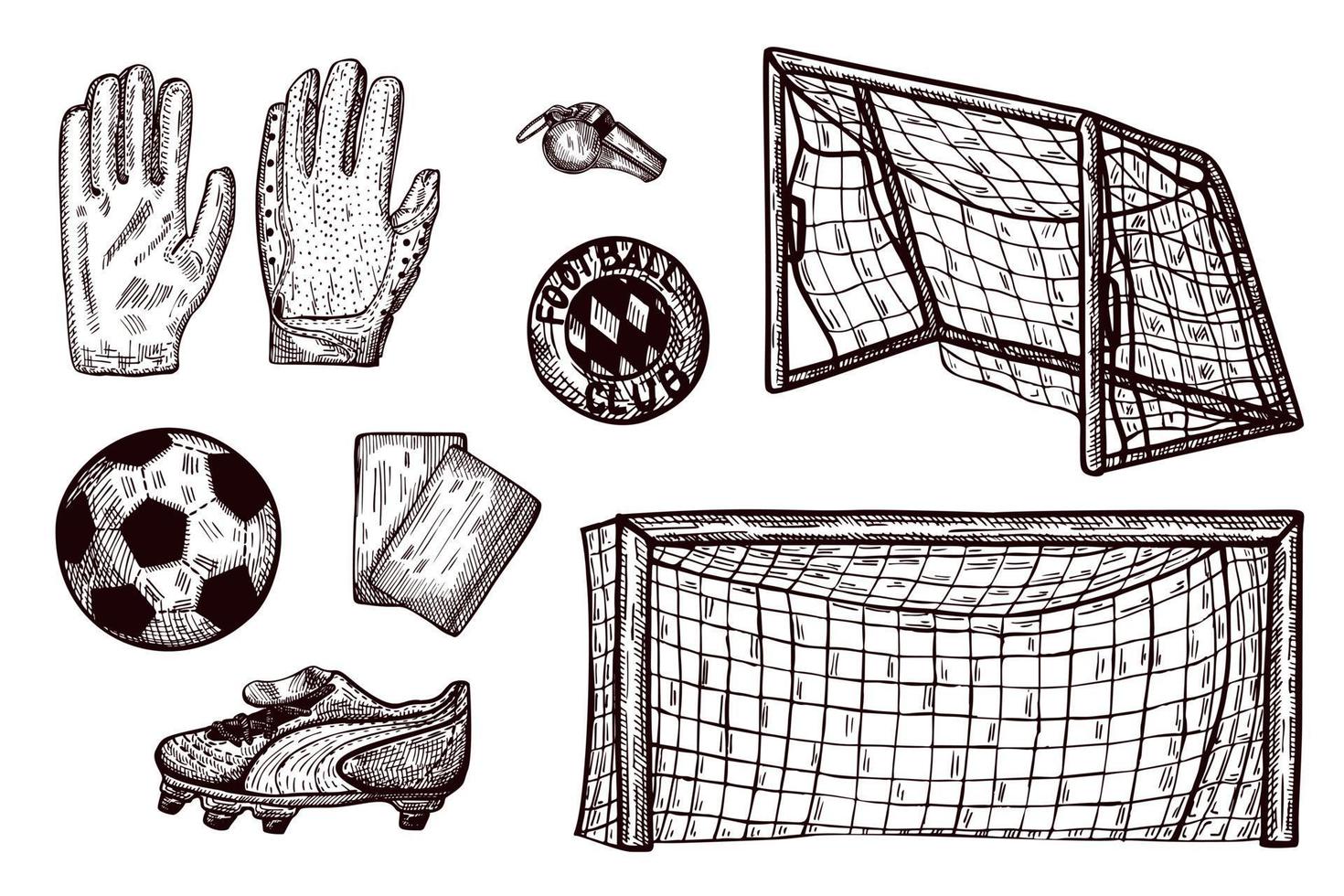 set fotboll element skiss isolerade. vintage inslag av fotbollslag i handritad stil. vektor