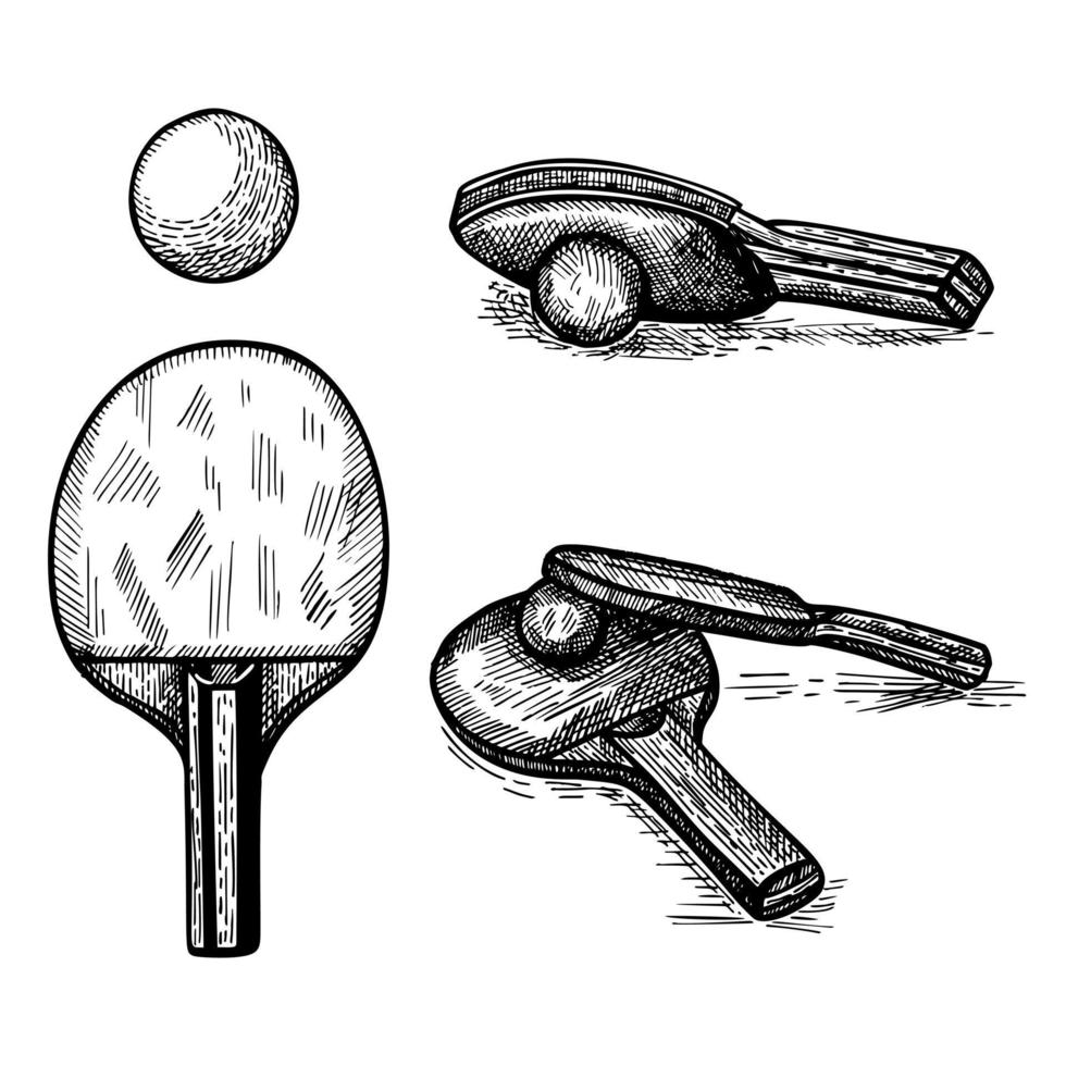 set ping-pong-skizze isoliert. vintage sportelemente für handgezeichneten tischtennisstil. vektor