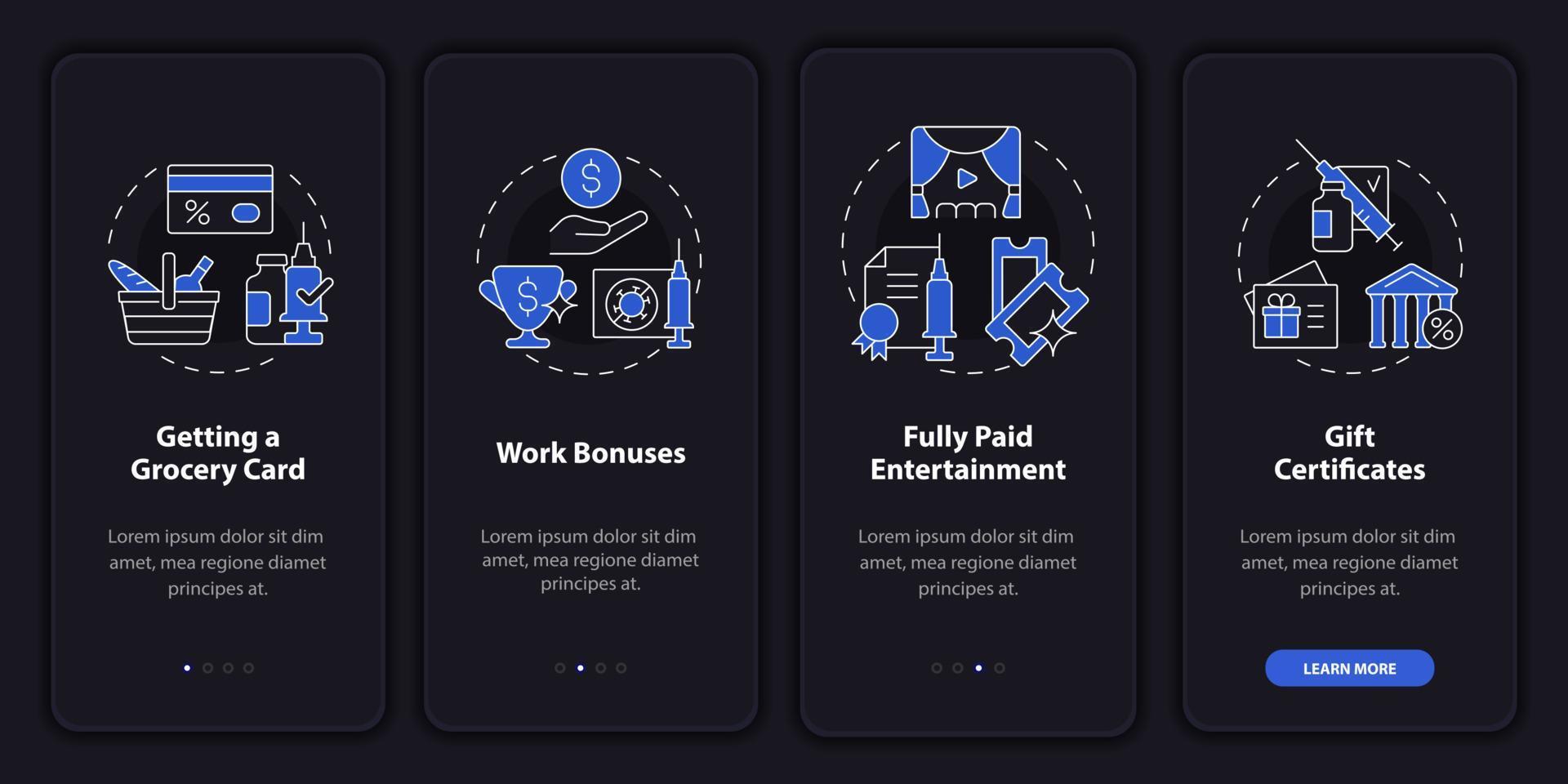 Förderung der Impfung beim Onboarding auf der Seite der mobilen App. Arbeitsprämien Komplettlösung 4 Schritte grafische Anweisungen mit Konzepten. ui, ux, gui-vektorvorlage mit linearen nachtmodusillustrationen vektor