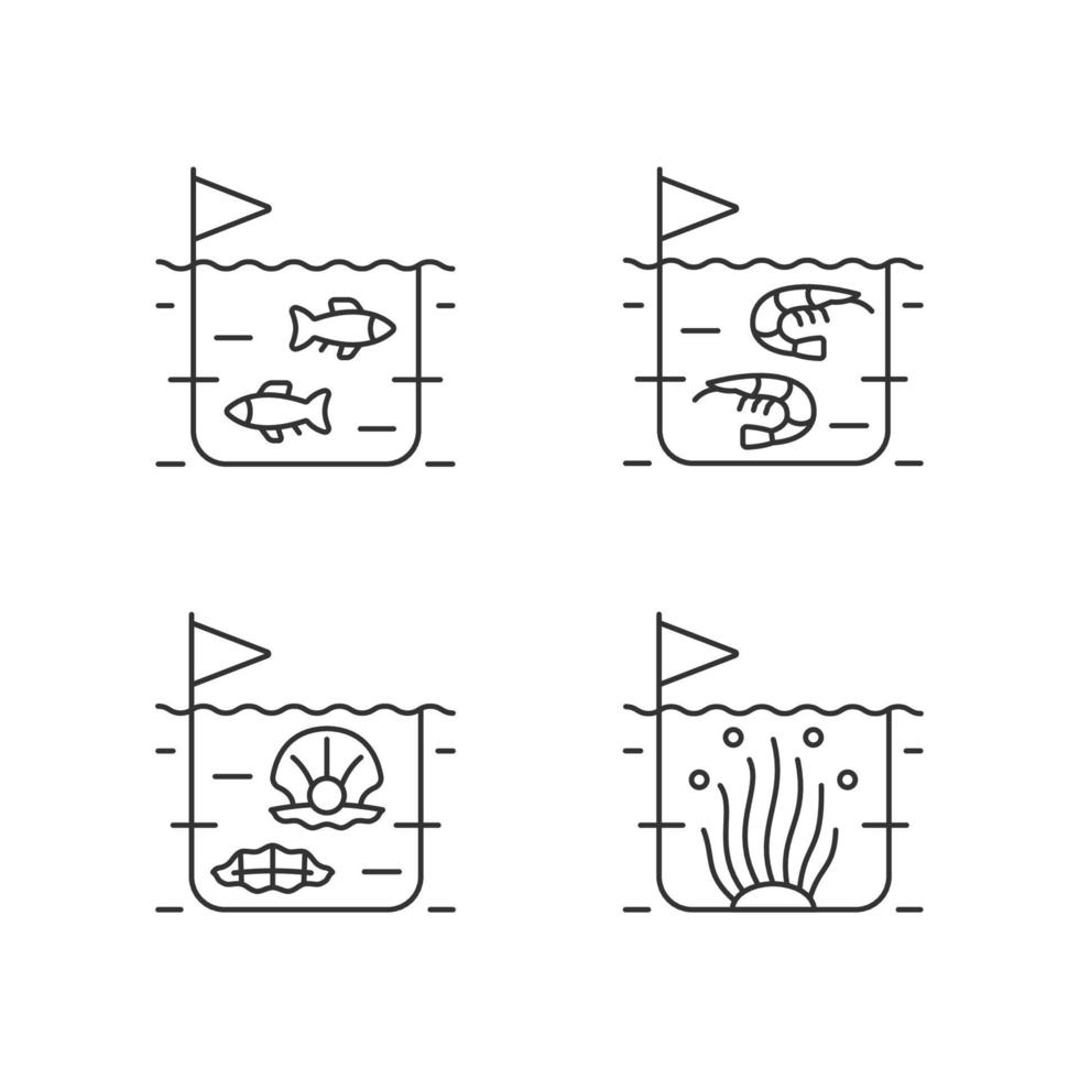 lineare symbole für die landwirtschaft für kommerzielle meeresprodukte gesetzt. Garnelen- und Fischzucht. Perlenextraktion für den Handel. anpassbare dünne Linienkontursymbole. isolierte vektorumrissillustrationen. editierbarer Strich vektor