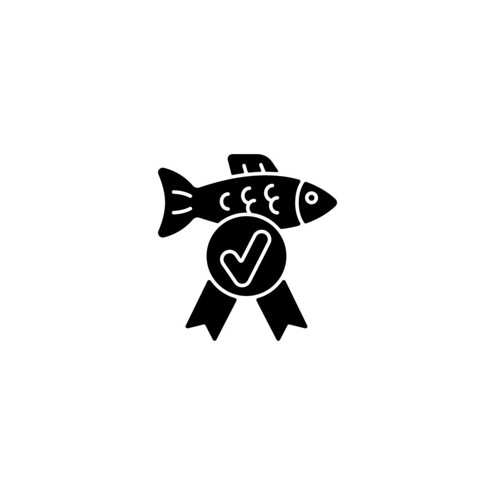 Schwarzes Glyphen-Symbol für die Qualitätskontrolle von Fischen. Überprüfung der Gifteindämmung von Meeresfrüchten. Norm und Bewertung. Qualitätsforschung bei Fischprodukten. Schattenbildsymbol auf Leerraum. vektor isolierte illustration