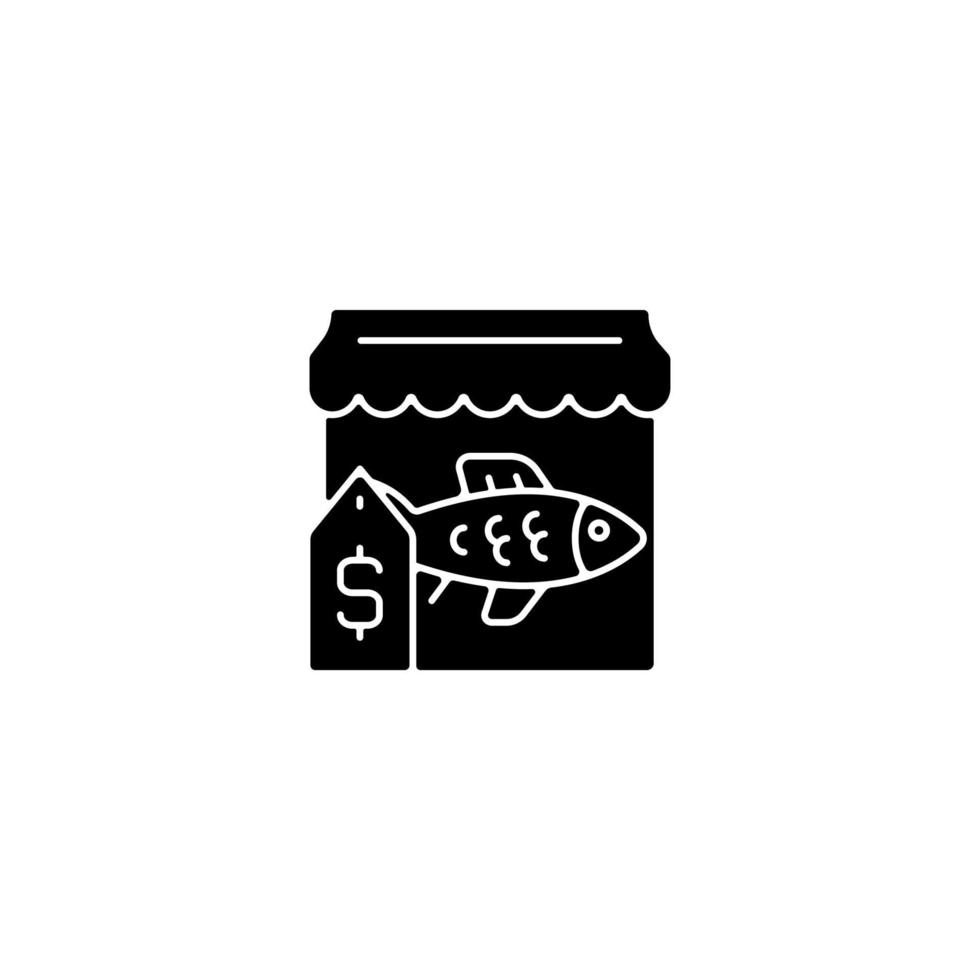 fiskmarknad svart glyfikon. handel och utbud av färska, frysta skaldjur. fiskmarknad. fiskhandlarstånd. kommersiellt fiske. siluett symbol på vitt utrymme. vektor isolerade illustration