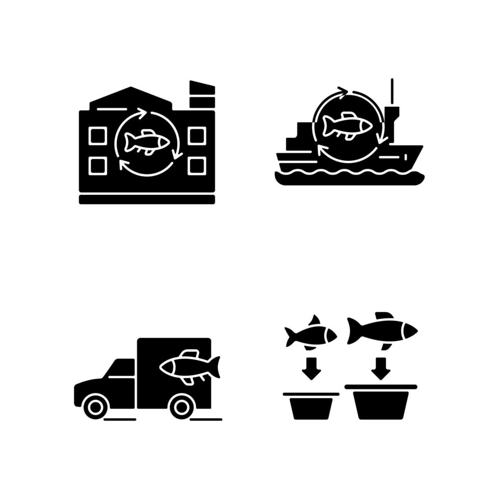 Fischverarbeitung und -transport schwarze Glyphen-Symbole auf weißem Raum. Herstellung von Meeresfrüchteprodukten. Fischverarbeitungsschiff und Fabrik. Silhouettensymbole. vektor isolierte illustration