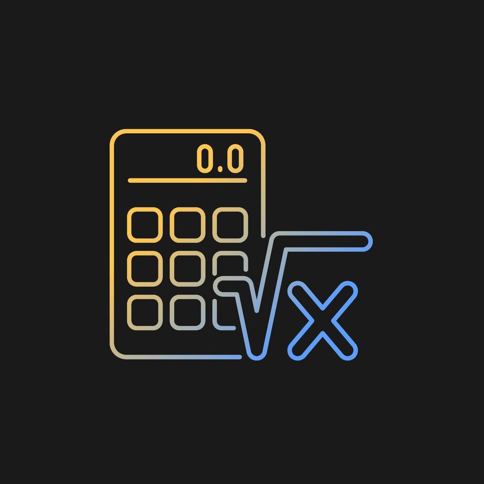 Algebra-Gradienten-Vektorsymbol für dunkles Thema. Taschenrechner, radikales Symbol. mathematische Berechnungen. Gleichung lösen. dünne Linie Farbsymbol. Piktogramm im modernen Stil. Vektor isoliert Umrisszeichnung