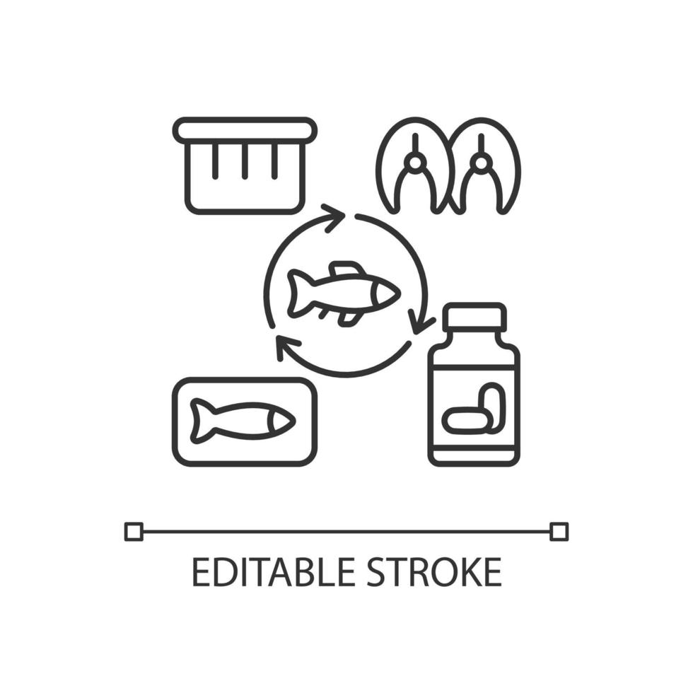 producerar fiskprodukter linjär ikon. vattenbruksuppfödning. konserverad och rökt fisk. tunn linje anpassningsbar illustration. kontur symbol. vektor isolerade konturritning. redigerbar linje