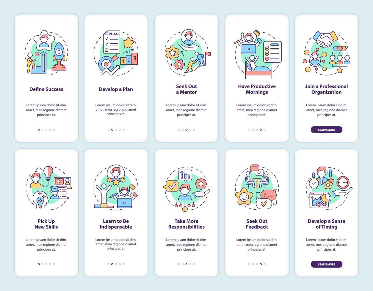 karriäravancemang onboarding mobil app sidskärmuppsättning. jobbgenomgång 5 steg grafiska instruktioner med koncept. ui, ux, gui vektormall med linjära färgillustrationer samling vektor