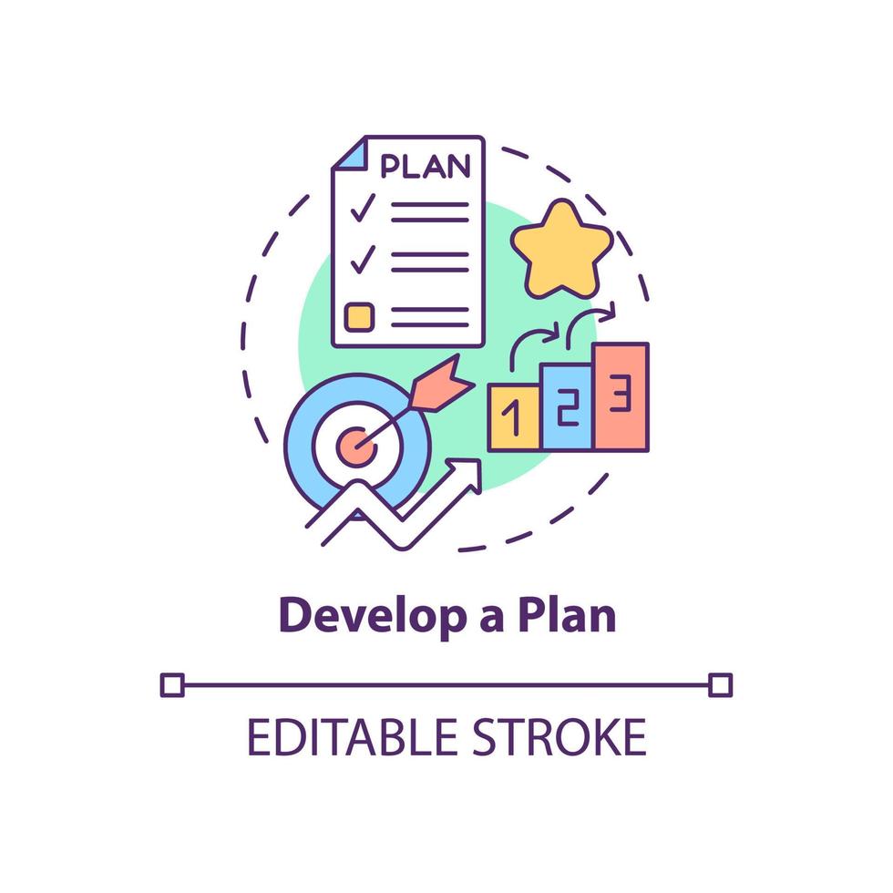 Plan-Konzept-Symbol entwickeln. effektives Management und Arbeitsoptimierung. Karriereaufstieg abstrakte Idee dünne Linie Illustration. Vektor isolierte Umrissfarbe Zeichnung. editierbarer Strich