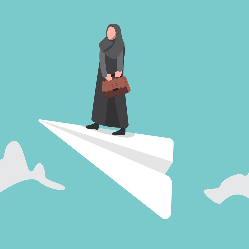 geschäftsflachzeichnung junge arabische geschäftsfrau, die aktentasche hält und auf papierflugzeug fliegt. auf der Suche nach Erfolg, Chancen, zukünftigen Geschäftstrends. Vision-Konzept. Cartoon-Vektor-Illustration vektor