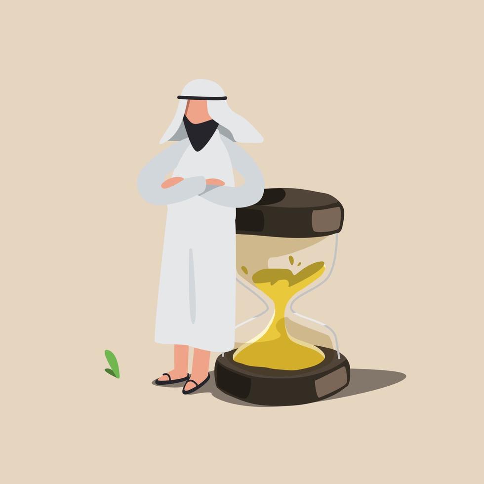 affärsidé platt arabisk affärsman luta sig mot enorma gigantiska timglas. effektiv tidshantering, framgångsrik uppgiftsorganisering, finansiella investeringar. deadline, aktualitet. design vektor illustration