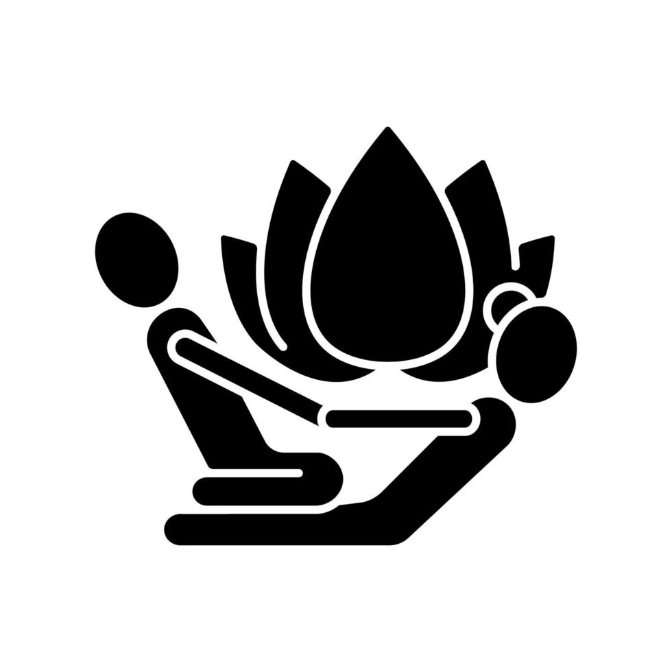 schwarzes Glyphen-Symbol für Thai-Massage. allmähliche Dehnung. therapeutische Berührung. Verbesserung der Mobilität, Flexibilität. Yoga-ähnliche Dehnungen. Nutzen für die Gesundheit. Schattenbildsymbol auf Leerraum. vektor isolierte illustration