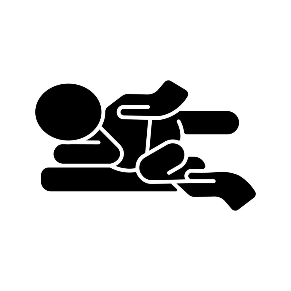 spädbarnsmassage svart glyfikon. tränar magetid. massera barnets rygg. behandling av nyfödd kolik. hjälpa barnet att slappna av och sova. siluett symbol på vitt utrymme. vektor isolerade illustration