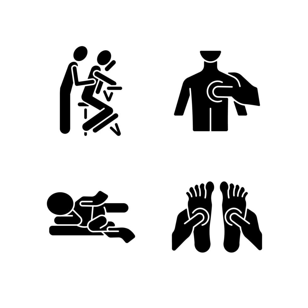 massagetherapietechniken schwarze glyphensymbole auf weißem raum. Drücken auf Triggerpunkte. Behandlung von Koliken bei Neugeborenen. Fußreflexzonenmassage. Massage im Sitzen. Silhouettensymbole. vektor isolierte illustration