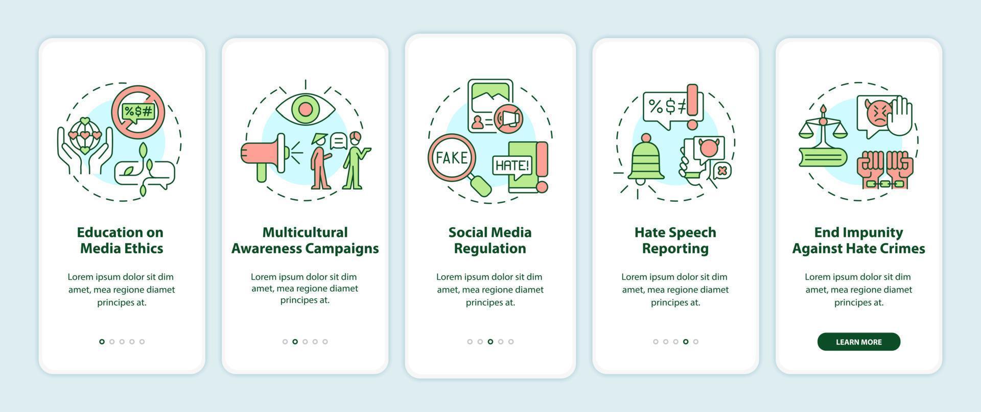 motverkande av hatretorik på mobilappsidans skärm. medvetenhetskampanjer genomgång 5 steg grafiska instruktioner med koncept. ui, ux, gui vektormall med linjära färgillustrationer vektor