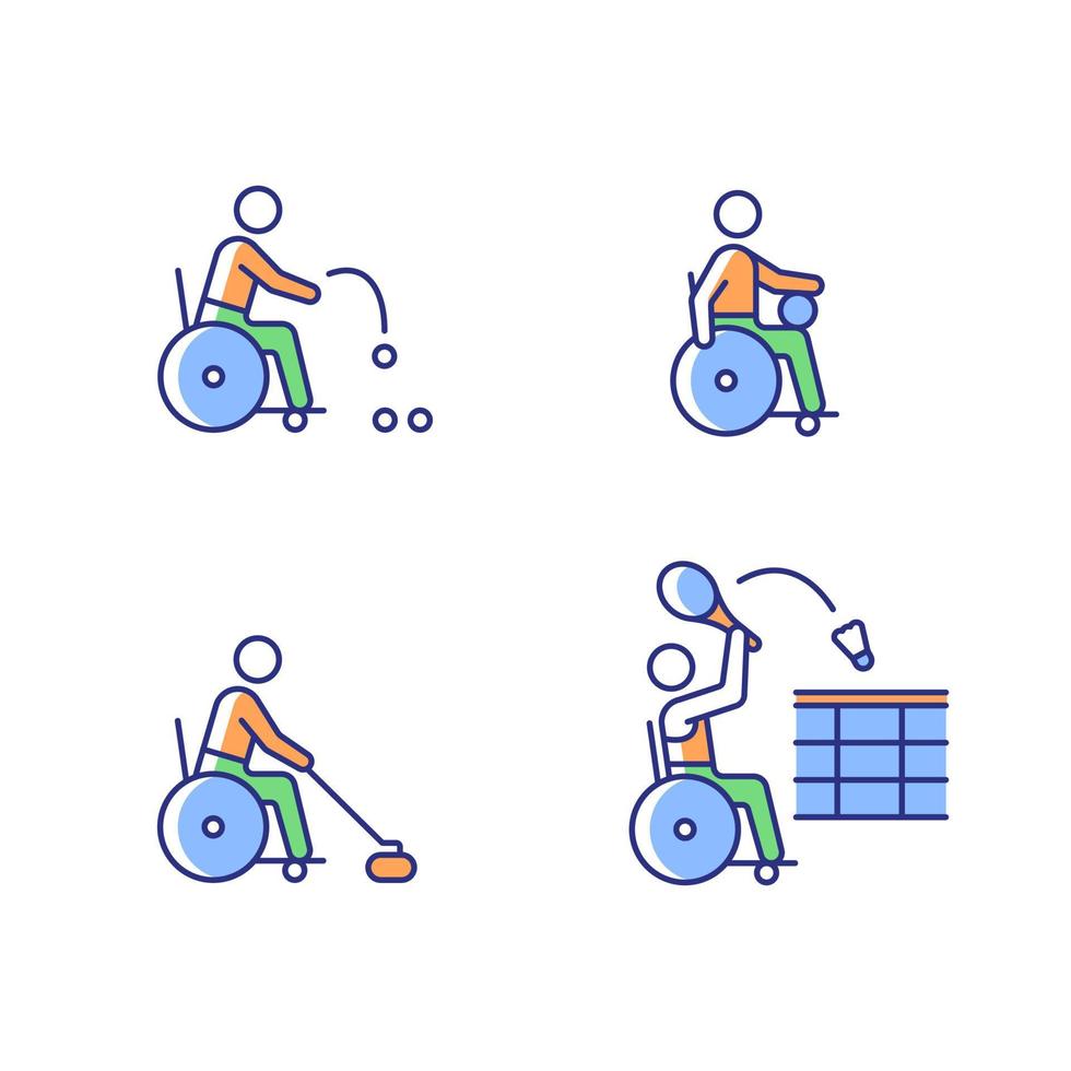 rullstol sport rgb färg ikoner set. adaptiva sportspel. rullstolsburna. konkurrenskraftiga bollspel. idrottsmän med funktionshinder. isolerade vektorillustrationer. enkla fyllda linjeritningar samling vektor