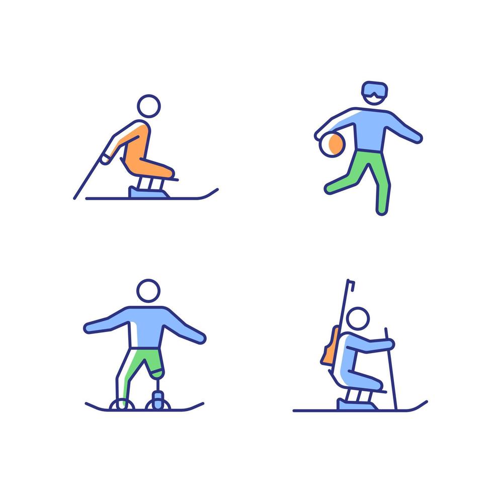 RGB-Farbsymbole für Leichtathletik in der Wintersaison festgelegt. adaptive Wettkampfdisziplinen. Sport mit Ausrüstung. Behinderte Sportler. isolierte Vektorgrafiken. einfache Sammlung gefüllter Strichzeichnungen vektor