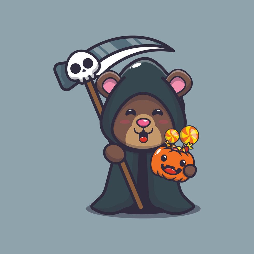 söt björn bär grim reaper kostym som håller lie och halloween pumpa vektor