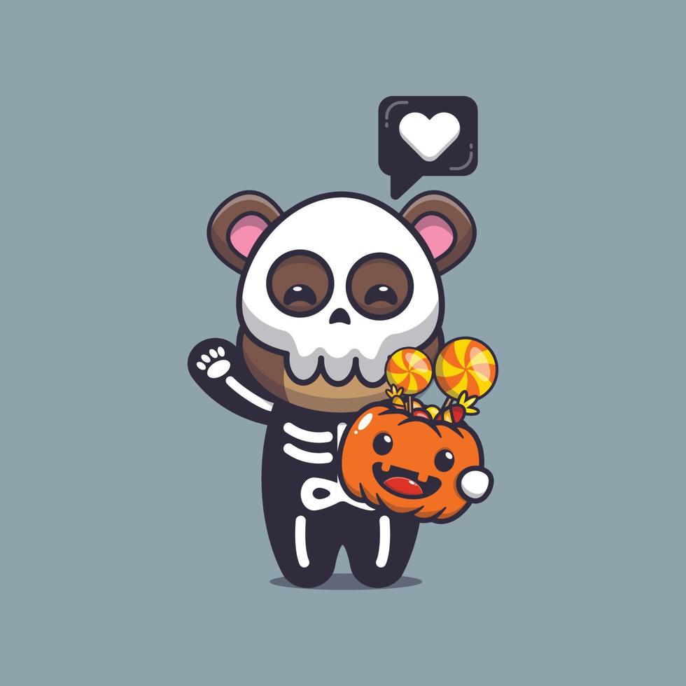söt björn med skelett kostym håller halloween pumpa vektor