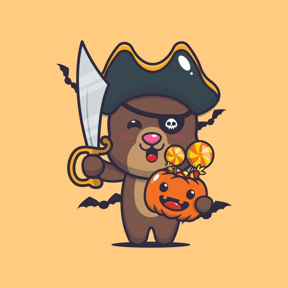 söt björn med pirater kostym i halloween day vektor