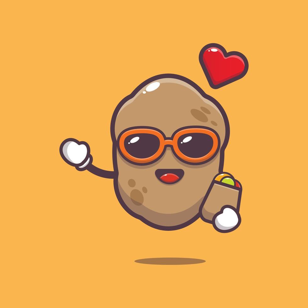 süße kartoffelzeichentrickfigur in sonnenbrille mit einkaufstasche vektor