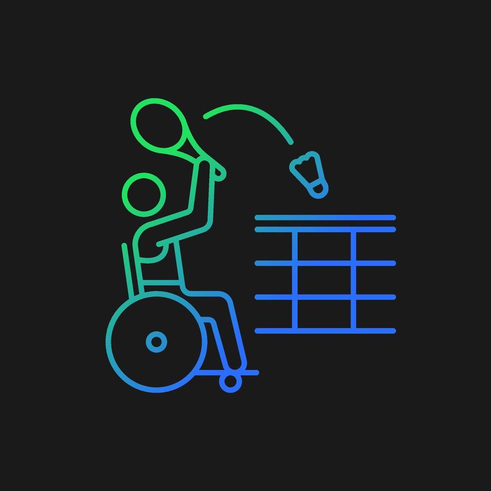 Rollstuhl-Badminton-Gradienten-Vektorsymbol für dunkles Thema. Mannschaftssportwettbewerb. Sportler mit Behinderung. dünne Linie Farbsymbol. Piktogramm im modernen Stil. Vektor isoliert Umrisszeichnung
