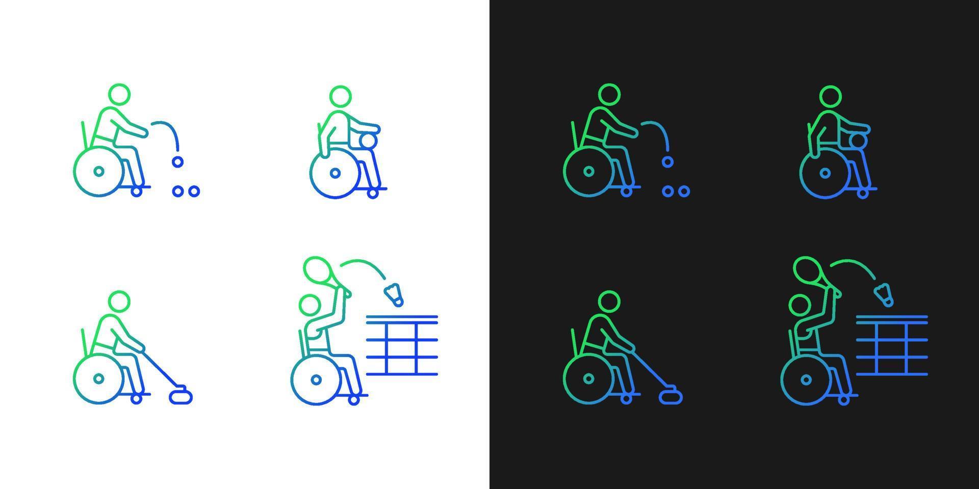Gradientensymbole für Rollstuhlsportarten, die für den Dunkel- und Hellmodus eingestellt sind. Sportler mit Behinderung. dünne Linienkontursymbole bündeln. Sammlung isolierter Vektorumrissillustrationen auf Schwarzweiß vektor