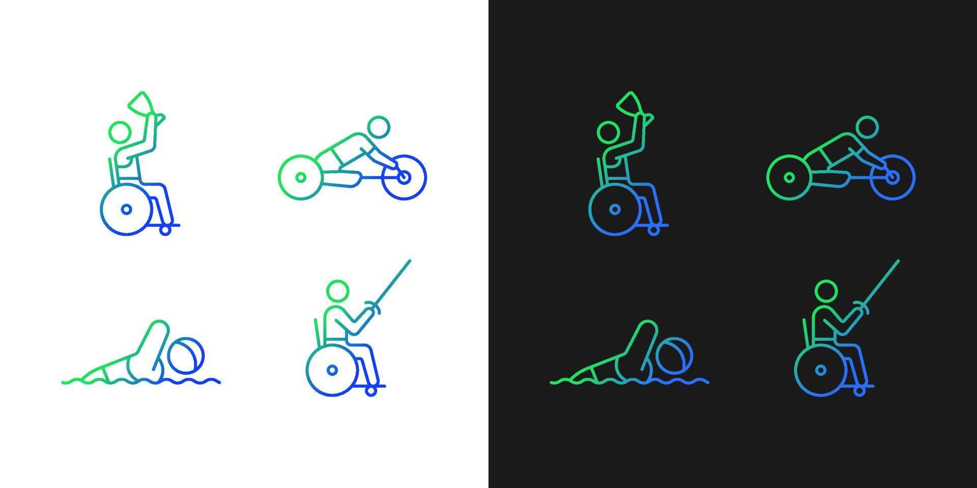 Farbverlaufssymbole für adaptive Wettbewerbe, die für den Dunkel- und Hellmodus eingestellt sind. Menschen mit körperlicher Behinderung. dünne Linienkontursymbole bündeln. Sammlung isolierter Vektorumrissillustrationen auf Schwarzweiß vektor