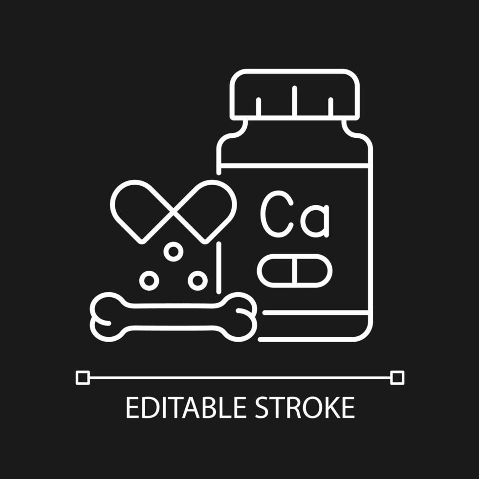 Kalzium ergänzt weißes lineares Symbol für dunkles Thema. Hilfe bei Osteoporose. Ernährung für Veganer. dünne linie anpassbare illustration. isoliertes Vektorkontursymbol für den Nachtmodus. editierbarer Strich vektor