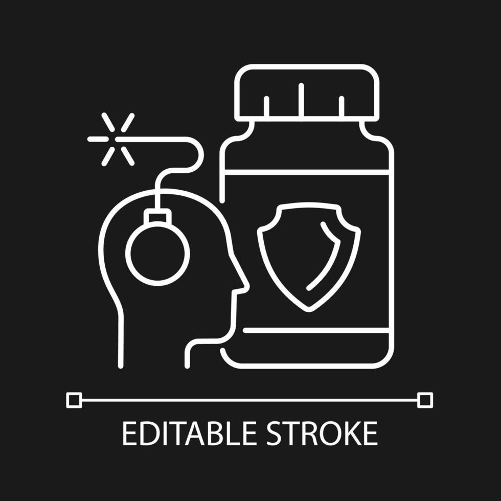 Angst ergänzt weißes lineares Symbol für dunkles Thema. Nährstoffe für eine bessere Gehirnchemie. dünne linie anpassbare illustration. isoliertes Vektorkontursymbol für den Nachtmodus. editierbarer Strich vektor