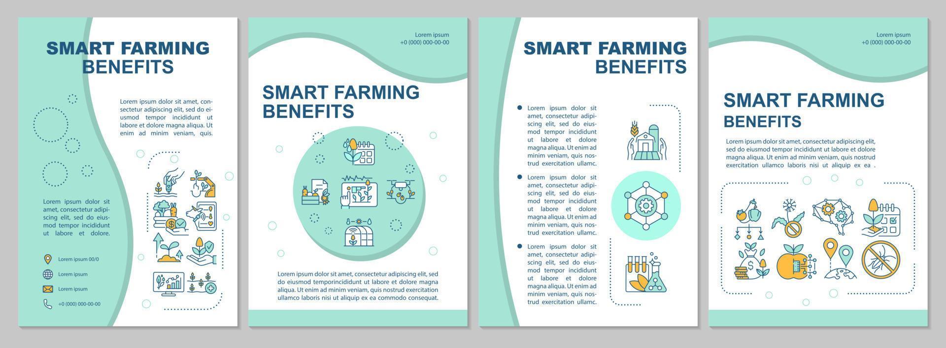 smart farming fördelar mint broschyr mall. lantbruk. häftesutskrift med linjära ikoner. vektor layouter för presentation, årsredovisningar, annonser. arial, otaliga pro-vanliga typsnitt som används