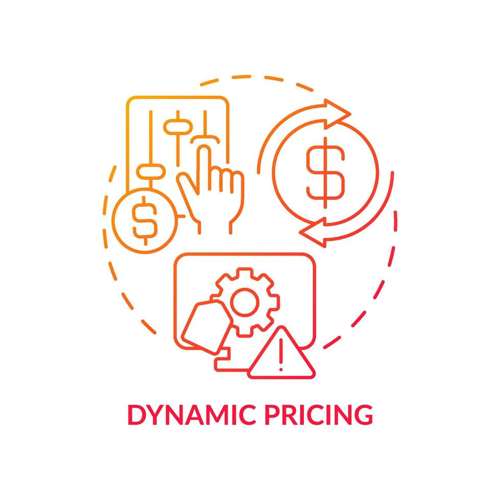 dynamisk prissättning röd gradient koncept ikon. marknadsföringsstrategi abstrakt idé tunn linje illustration. algoritmisk prisoptimering. isolerade konturritning. roboto-medium, otaliga pro-bold typsnitt som används vektor