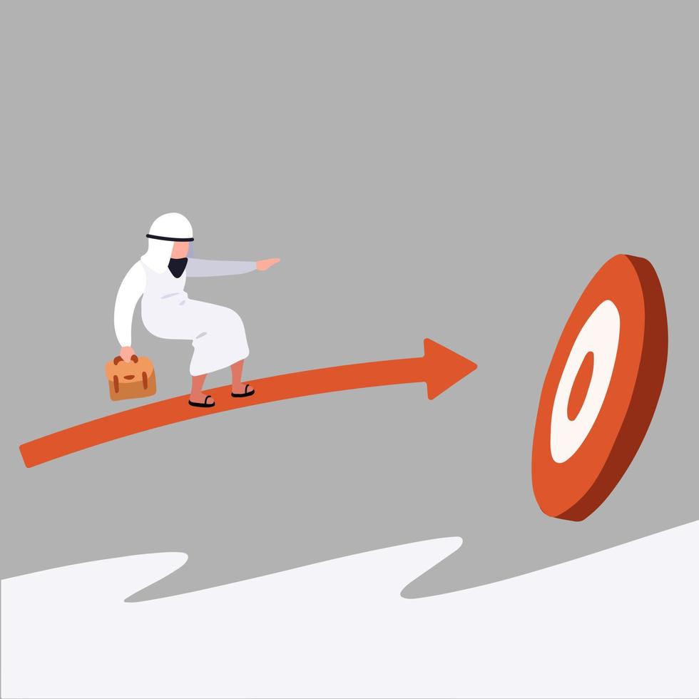 affärsidé design arabisk affärsman stående flyger på pilar och slå bullseye. manlig chef på pilen. skjuta mål. noggrannhet, fokus på affärsmål. vektor illustration platt tecknad stil