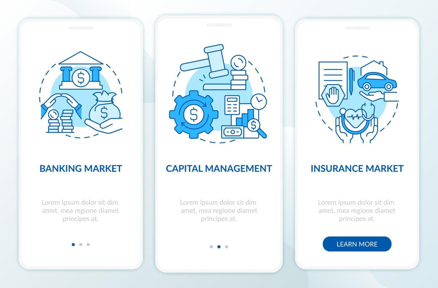 finanzgesetze beim onboarding des mobilen app-seitenbildschirms. Money Management Walkthrough 3 Schritte grafische Anweisungen mit Konzepten. ui, ux, gui-vektorvorlage mit linearen farbillustrationen vektor