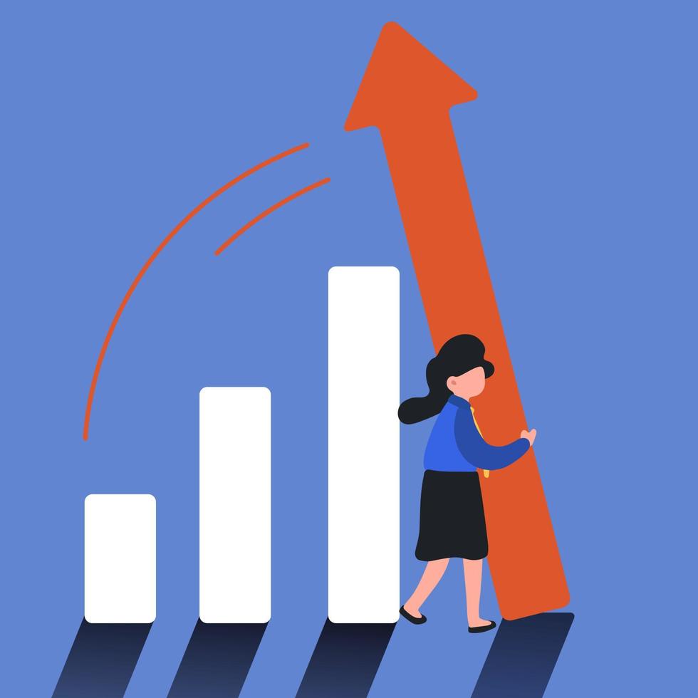 Geschäftskonzeptdesign Geschäftsfrau, die Balkendiagramm drückt. Geschäftsperson, die ein Balkendiagramm davon abhält, umzufallen Metapher des Überlebens, wachsen. betriebliches Krisenmanagement. flache Karikatur der Vektorillustration vektor