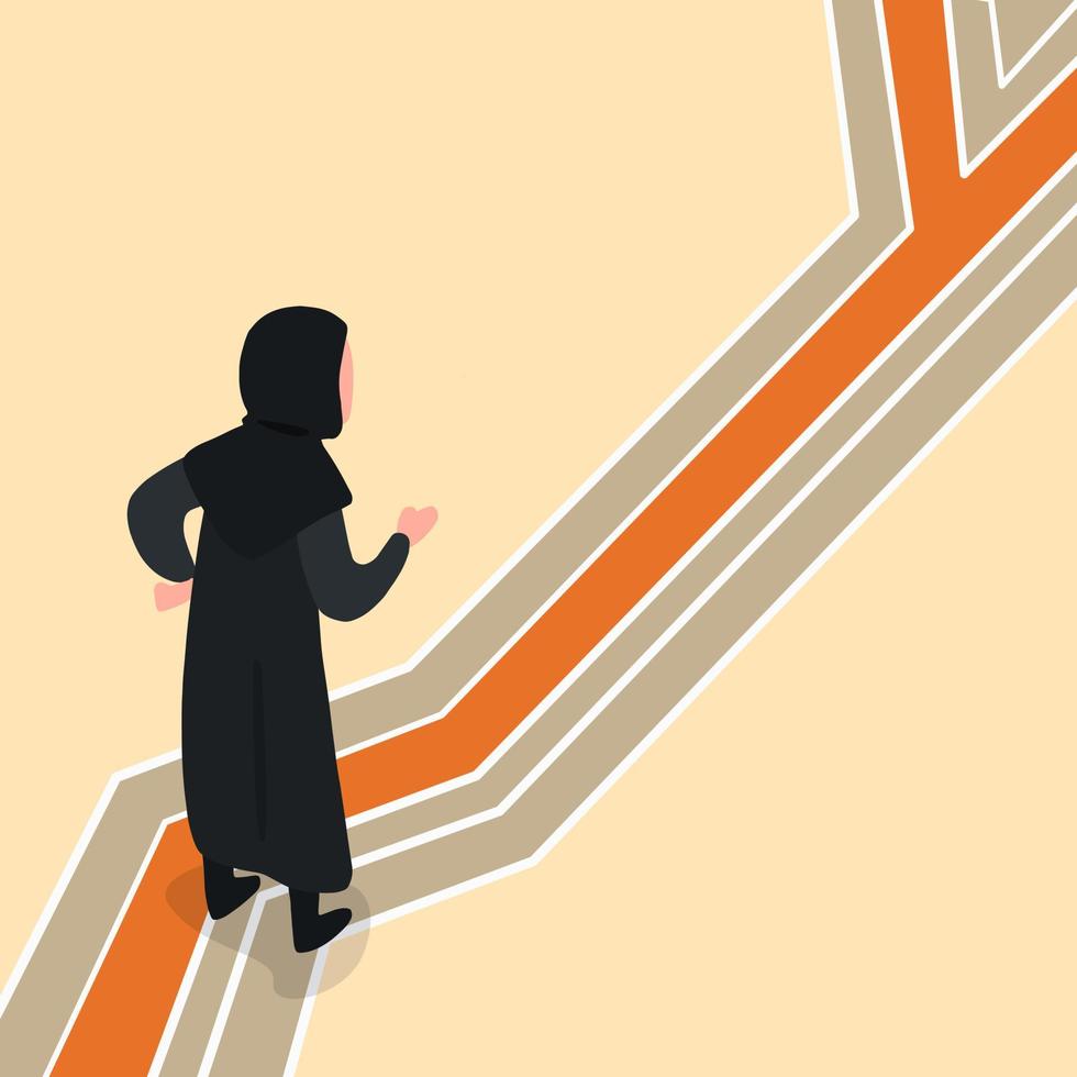 business platt ritning arabisk affärskvinna att välja rätt väg till framgång, flera vägmärken, affärsbeslut, karriärväg. alternativ karriär. letar efter rätt sätt. tecknad vektorillustration vektor