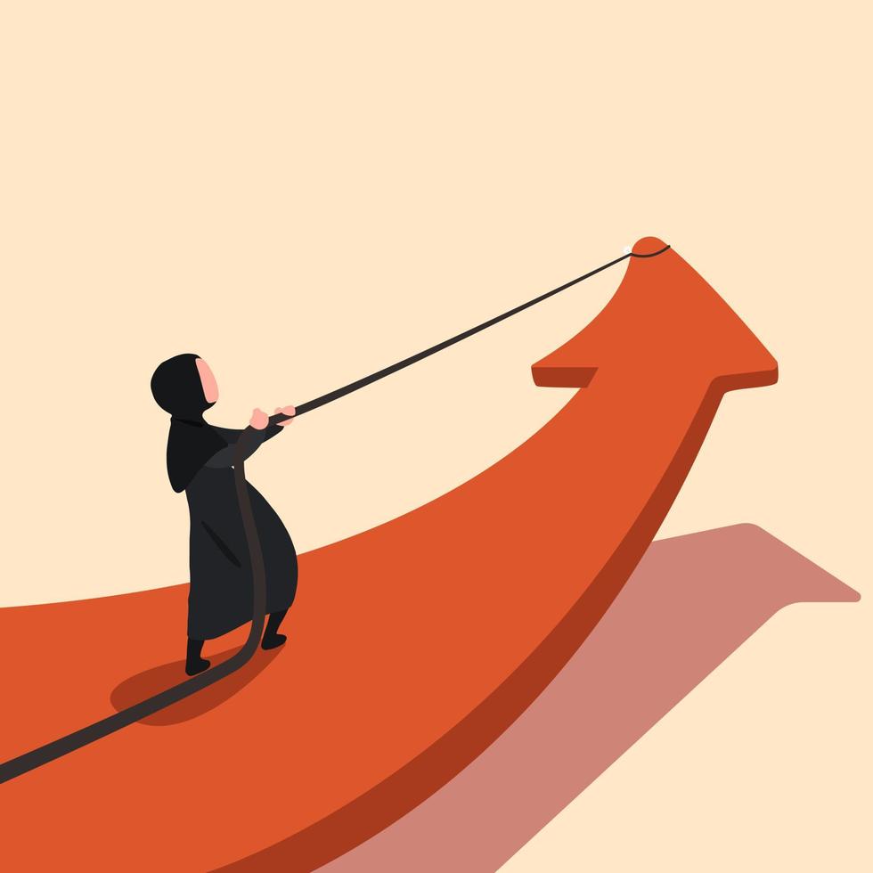 affärsidé platt arabisk affärskvinna dra stor röd pil med rep, vilket gör det höja upp. marknadsföring finansiering koncept. symbol pil för framgång. ledarskap, prestation. design vektor illustration