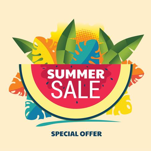 Abstrakter Sommerschlussverkauf-Hintergrund mit Wassermelone und tropischem Blatt vektor