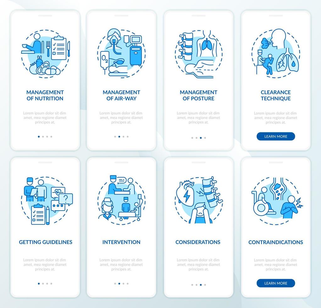 Lungenkrankheiten Wiederherstellung blauer Onboarding-Bildschirm für die Seite der mobilen App. Rehabilitation Walkthrough 4 Schritte grafische Anweisungen mit Konzepten. ui, ux, gui-vektorvorlage mit linearen farbillustrationen vektor