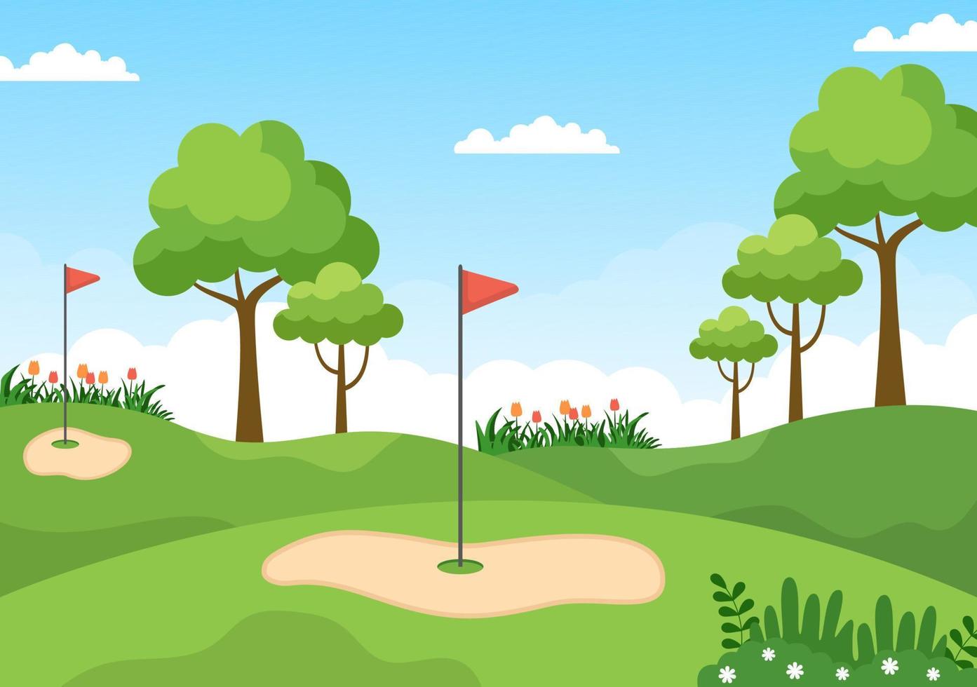spielen von golfsport mit flaggen, sandboden, sandbunker und ausrüstung auf grünen pflanzen im freien hof in flacher karikaturhintergrundillustration vektor