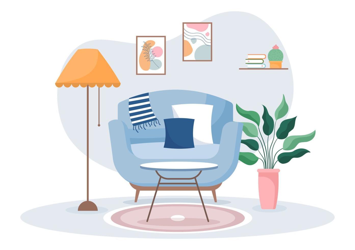 hemmöbler platt designillustration för vardagsrummet för att vara bekvämt som en soffa, skrivbord, skåp, lampor, växter och väggbonader vektor