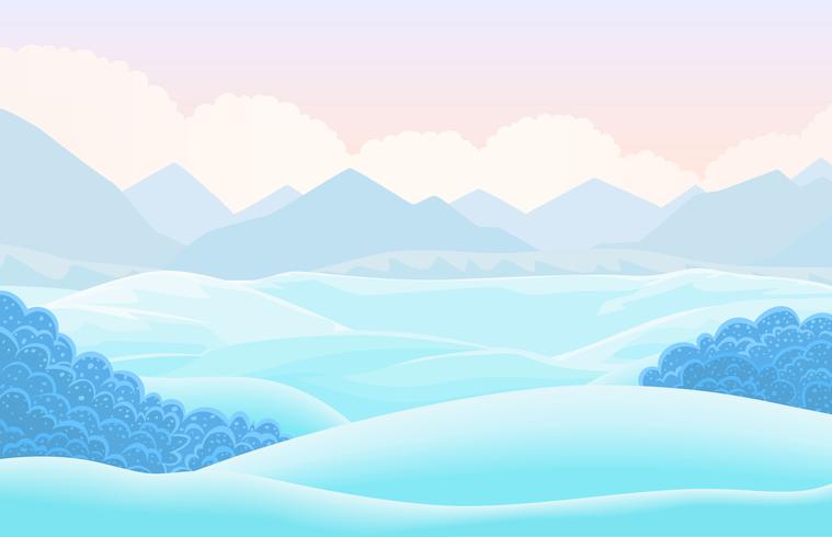 Horizontale Landschaft des Vektorwinters mit Schnee mit einer Kappe bedecktem Tal. Cartoon-Abbildung vektor