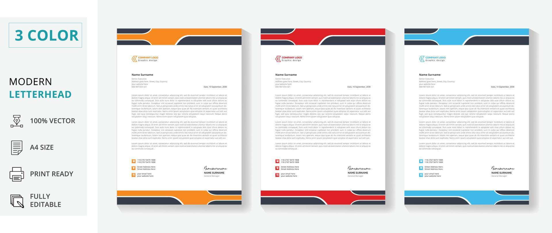 Corporate Business modernes Briefkopf-Design-Vorlagenpaket. blaues, orange und rotes abstraktes briefkopfdesign vektor