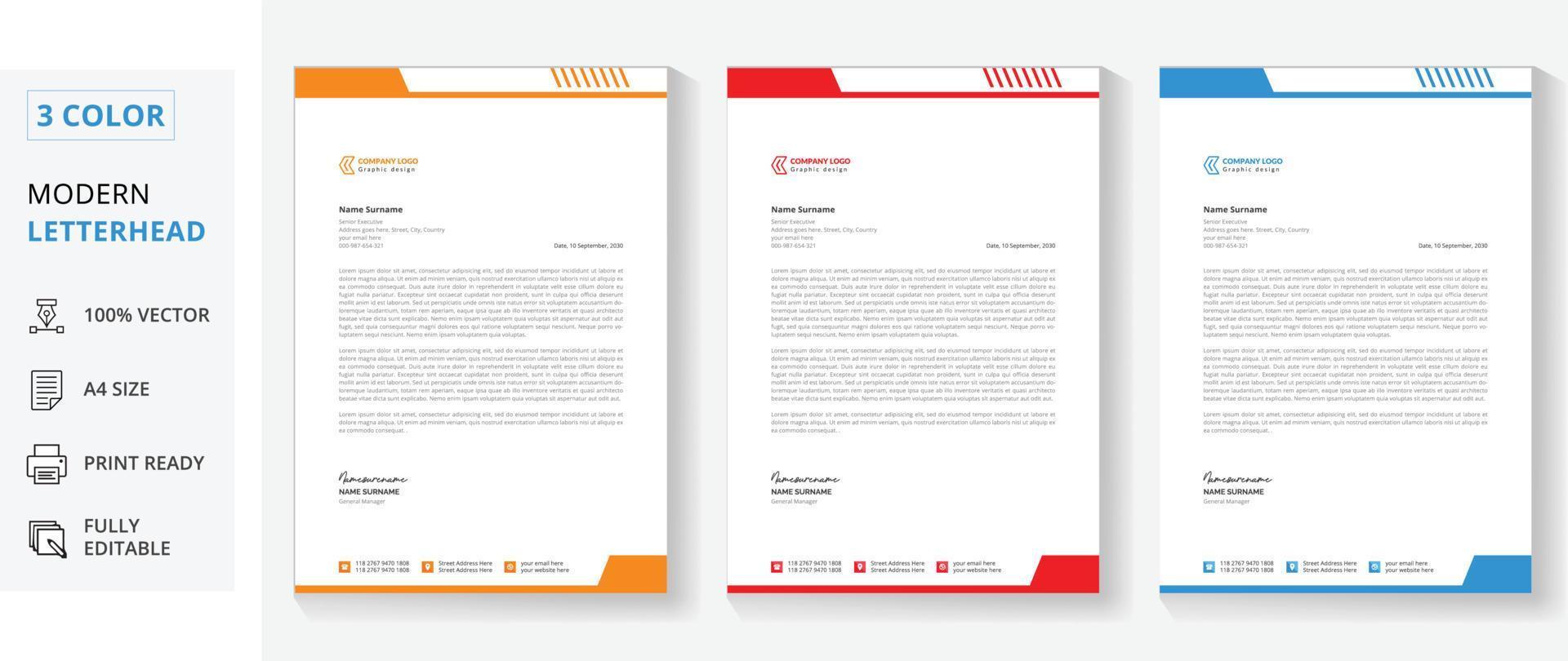 Corporate Business modernes Briefkopf-Design-Vorlagenpaket. blaues, orange und rotes abstraktes briefkopfdesign vektor