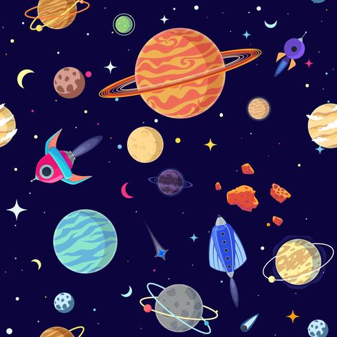 Seamless mönster av planeter i öppet utrymme. Vektor illustration tecknad stil