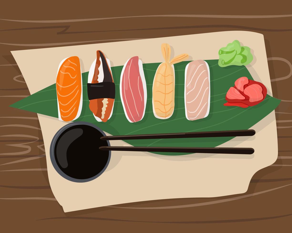 uppsättning traditionella japanska rätter av rullar och sushi med skaldjur. på ett träbord vektor