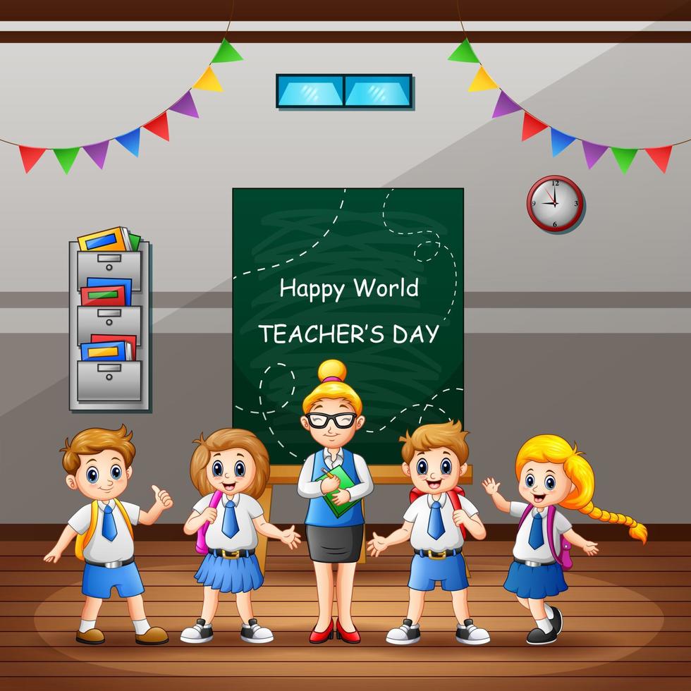 Happy Teacher's Day Text auf Tafel mit Kindern und Lehrer im Klassenzimmer vektor