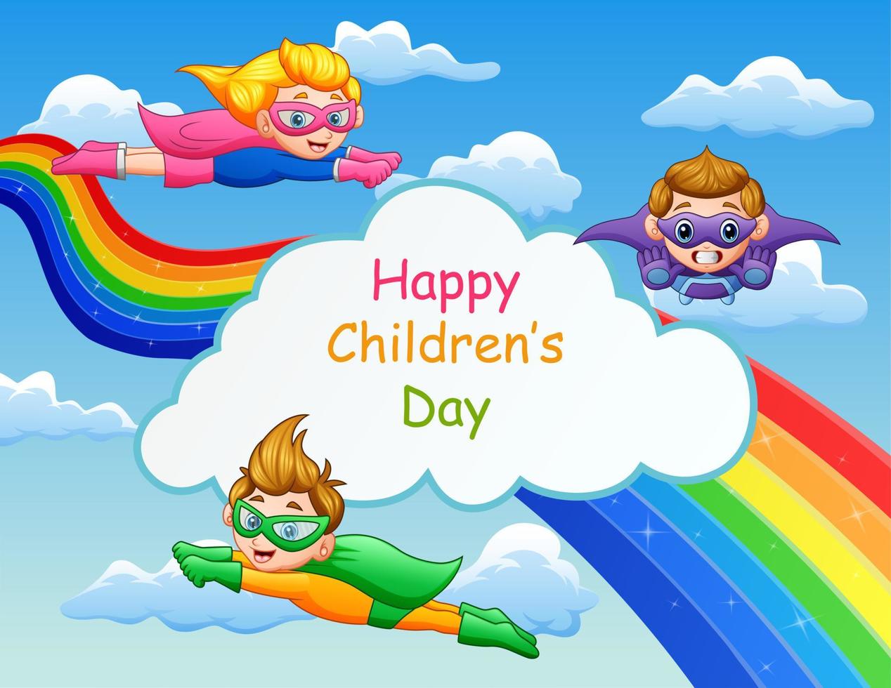 fröhliche kindertagsvorlage mit superheldenkindern, die am himmel fliegen vektor